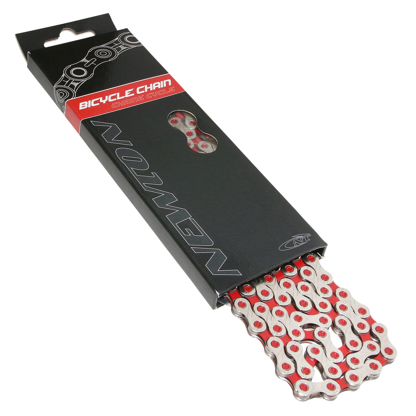 11-speed bike chain. Road/MTB Newton KMC silver-red 116 links Shimano-Sram compatible
