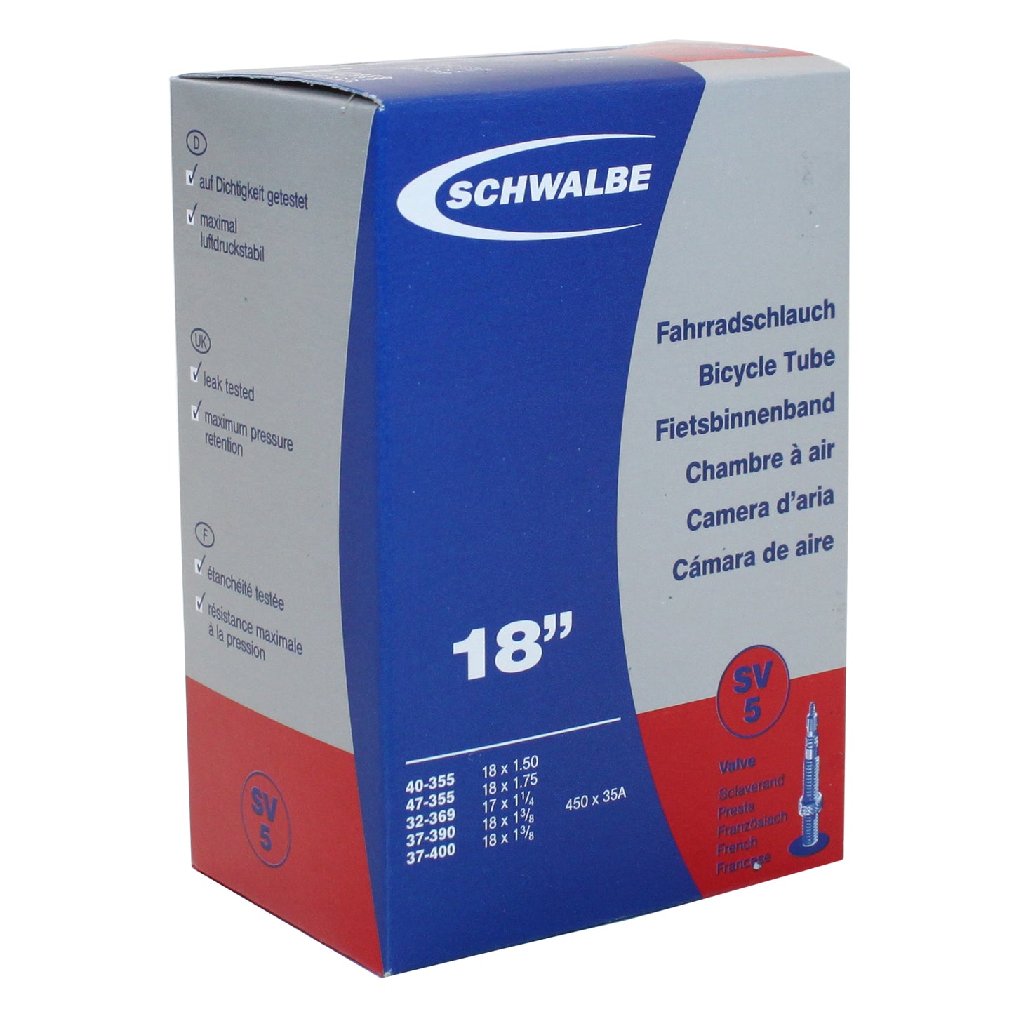 Bike inner tube 450 x 35a - 18" Schwalbe all-aluminum Presta valve (40-355 to 37-400) (SV5)