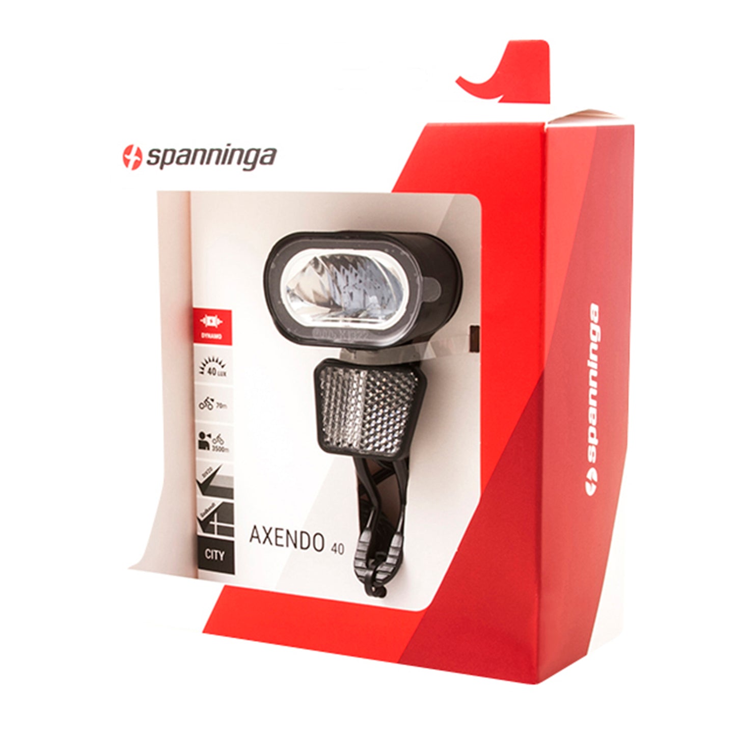 Eclairage vélo vae - e-bike avant sur fourche Spanninga axendo 6-36v 40lux noir visibilité 60m et vu à 3.5kms