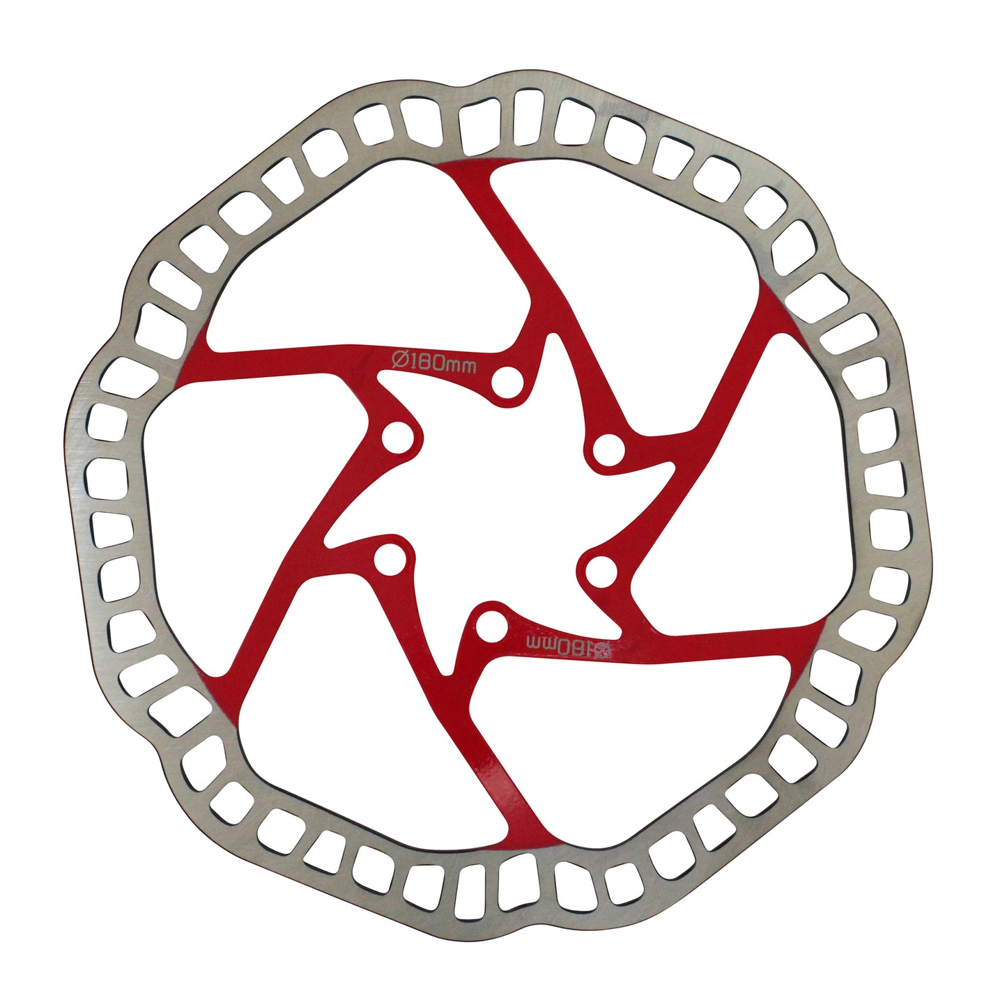 Disque de frein VTT 6 trous Newton Brakco compatible Shimano et autres 180mm argent centre rouge + 6 vis