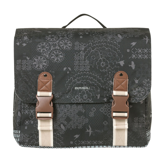 Sacoche arrière vélo double Basil bohème 35l noir-crème sur porte bagage 37x15x37cm / fixation système mik