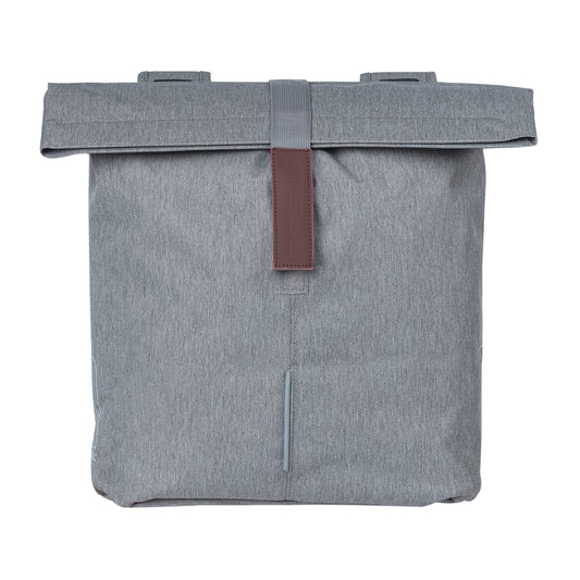 Sacoche arrière vélo double Basil city gris clair 28-32l fixation velcros sur porte bagage 30x18x49cm fermeture pliante anti-pluie