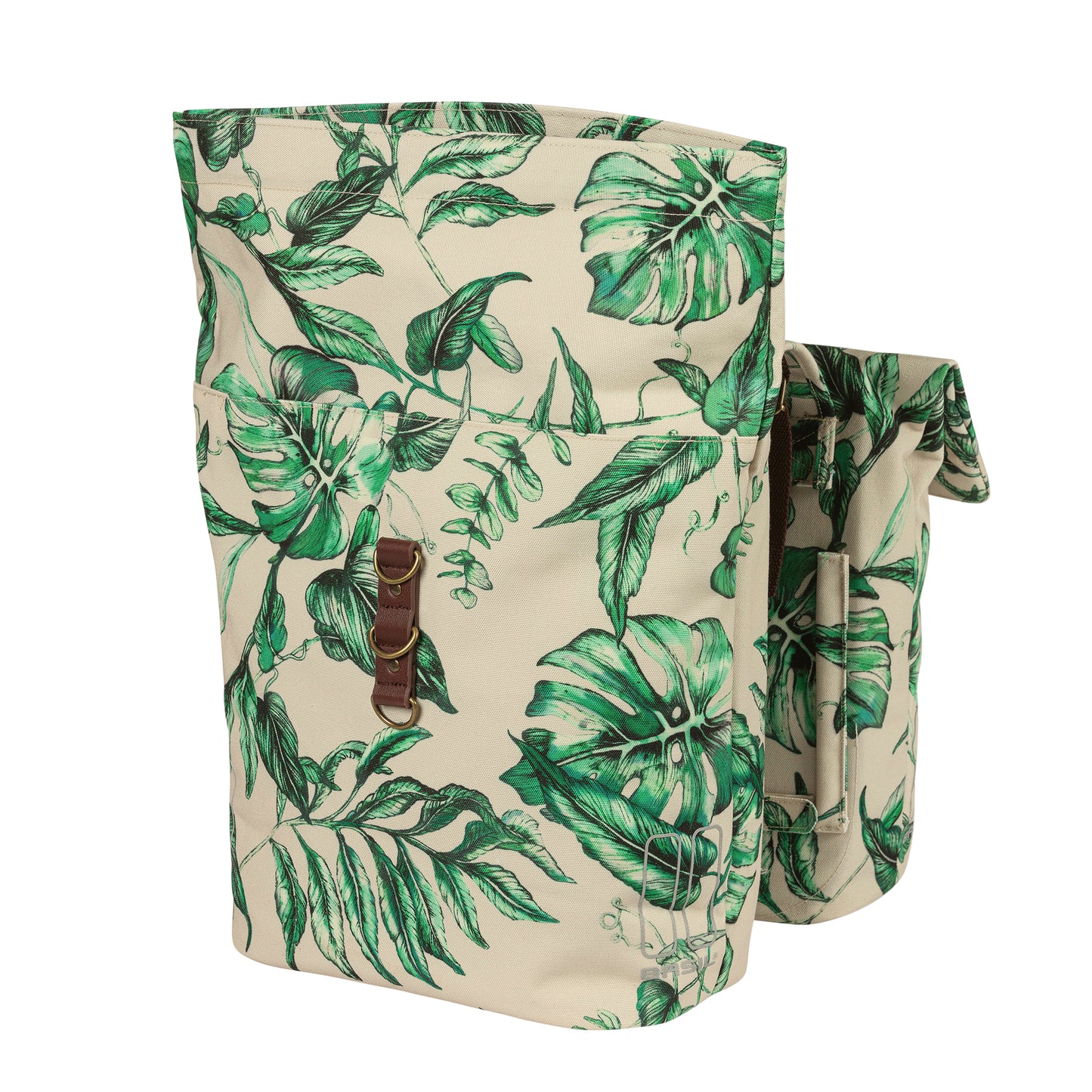 Sacoche arrière vélo double Basil evergreen 28-38l beige avec courroie cuir fixation velcros sur porte bagage 28x16x35cm