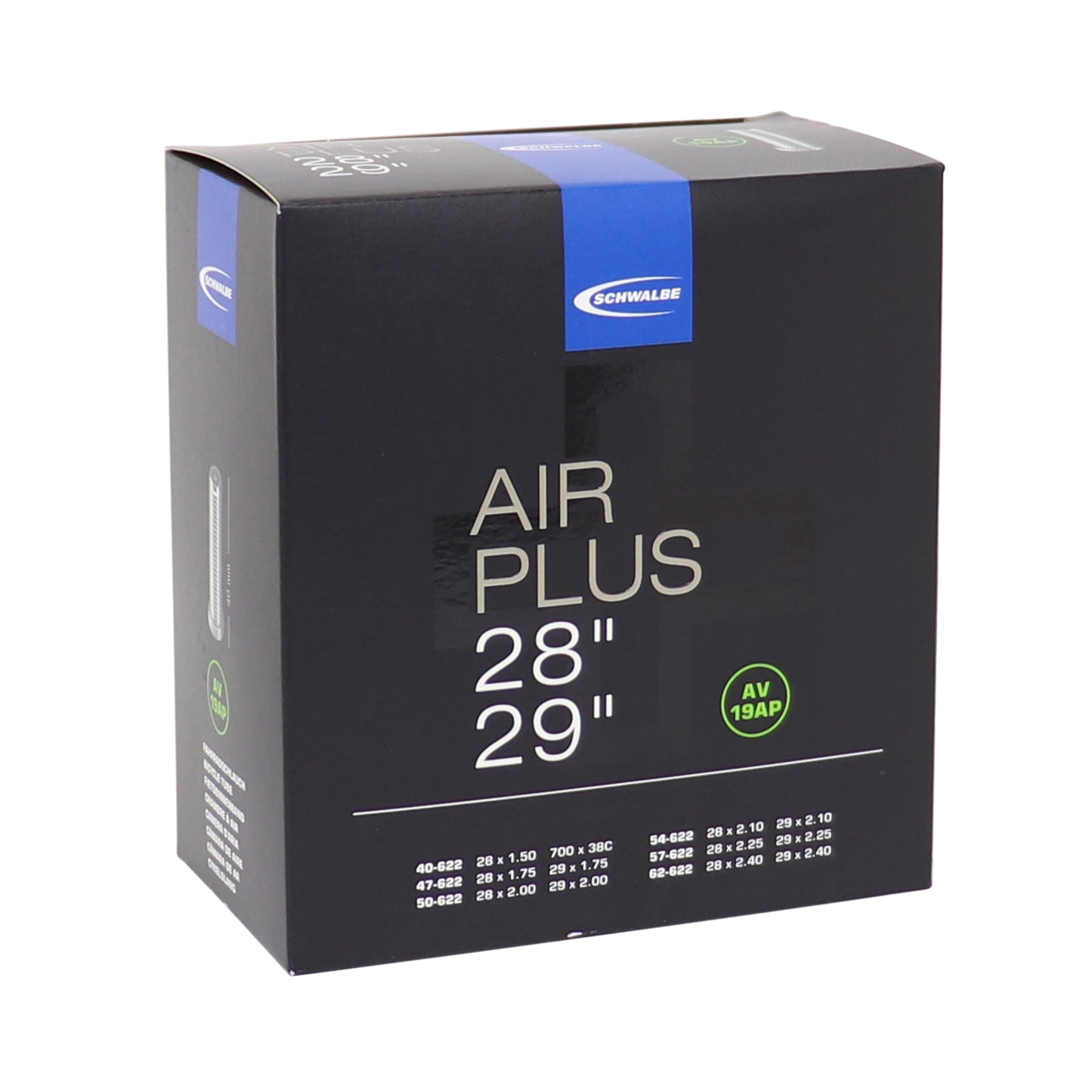 Bicycle inner tube 29 x 1.75-2.40 and 700 x 40-60 Schwalbe Air Plus reinforced standard aluminum valve (AV19AP)