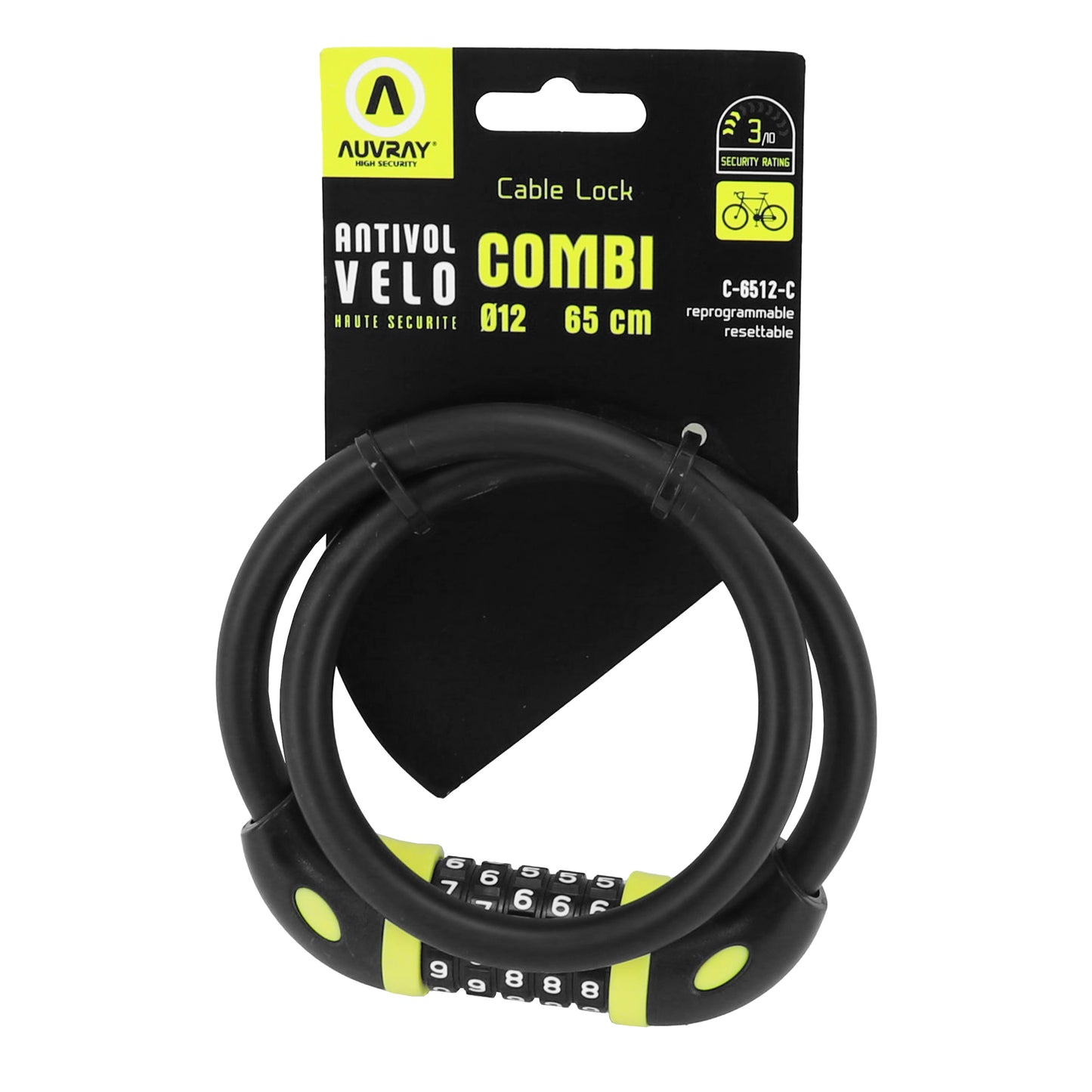 Antivol vélo câble à combinaison Auvray diam 12 mm l 65 cm noir mat