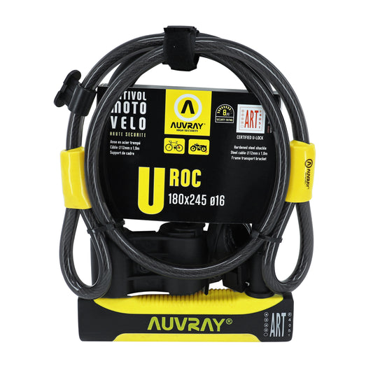 Auvray U-Lock bike lock 180 x 245 mm, 16 mm diameter, no bracket, with 1 m, 12 mm diameter cable, security level 8-10