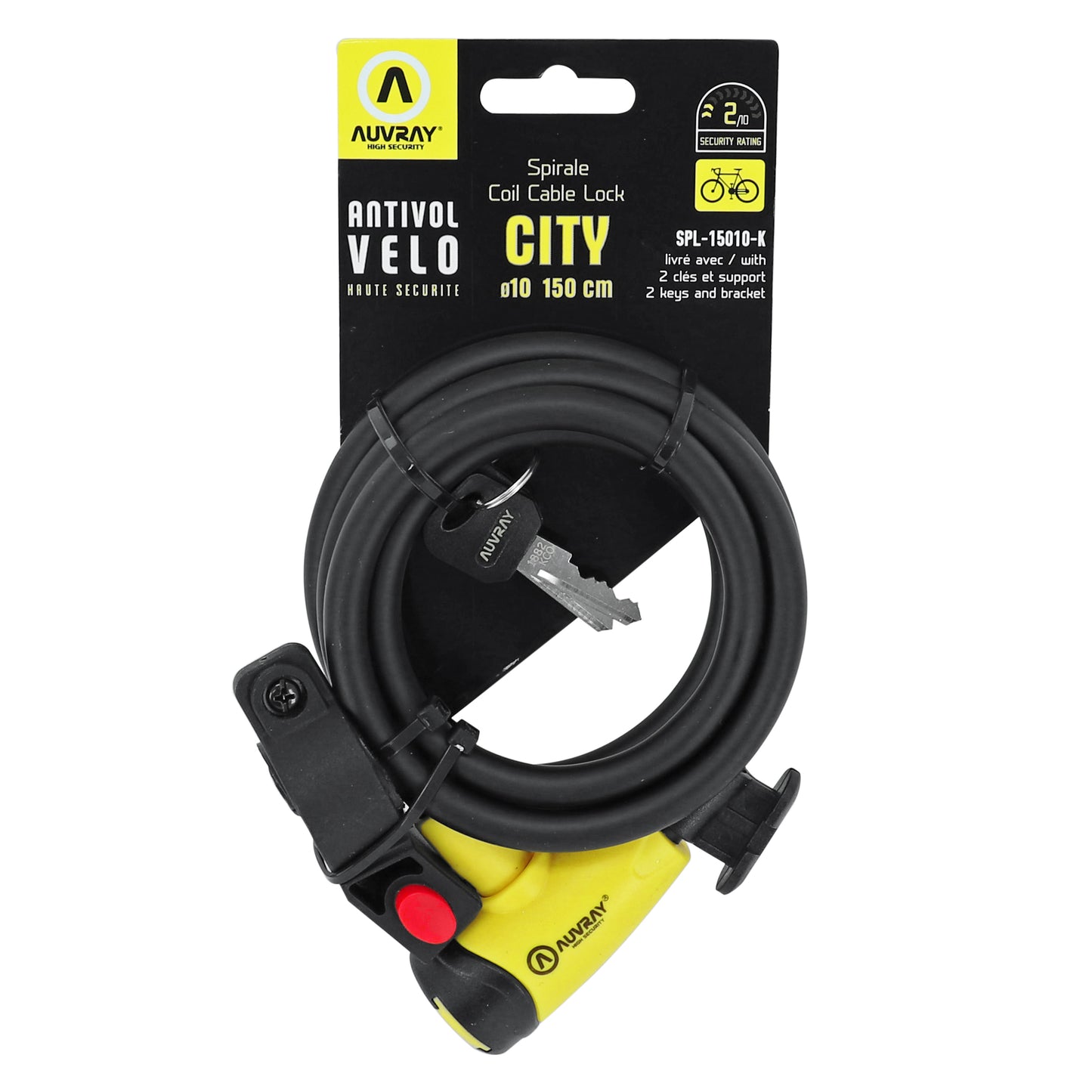 Auvray Spiral key bike lock, 10 mm diameter, 1.50 m long, matte black with bracket