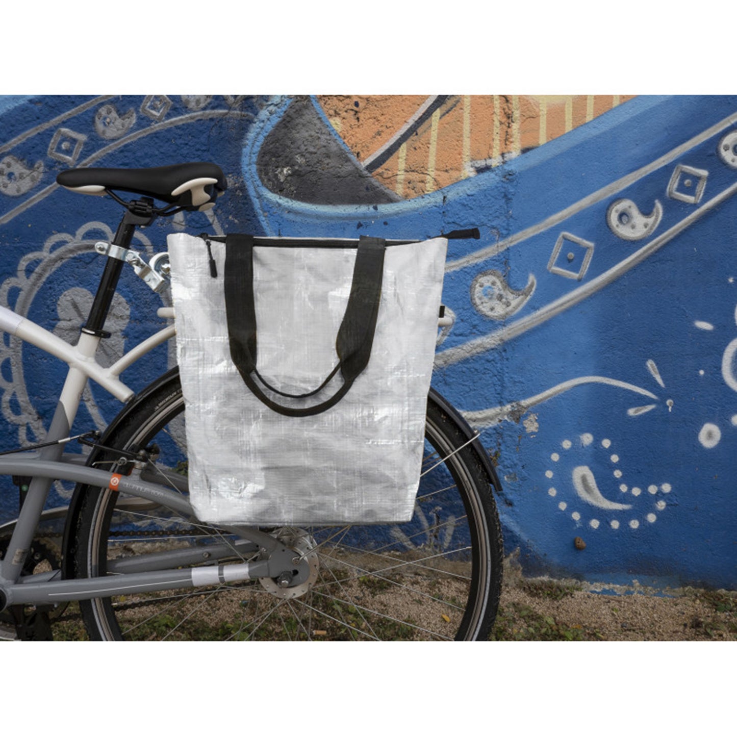 Grey recycled material side pannier bike bag, rack mount with hook