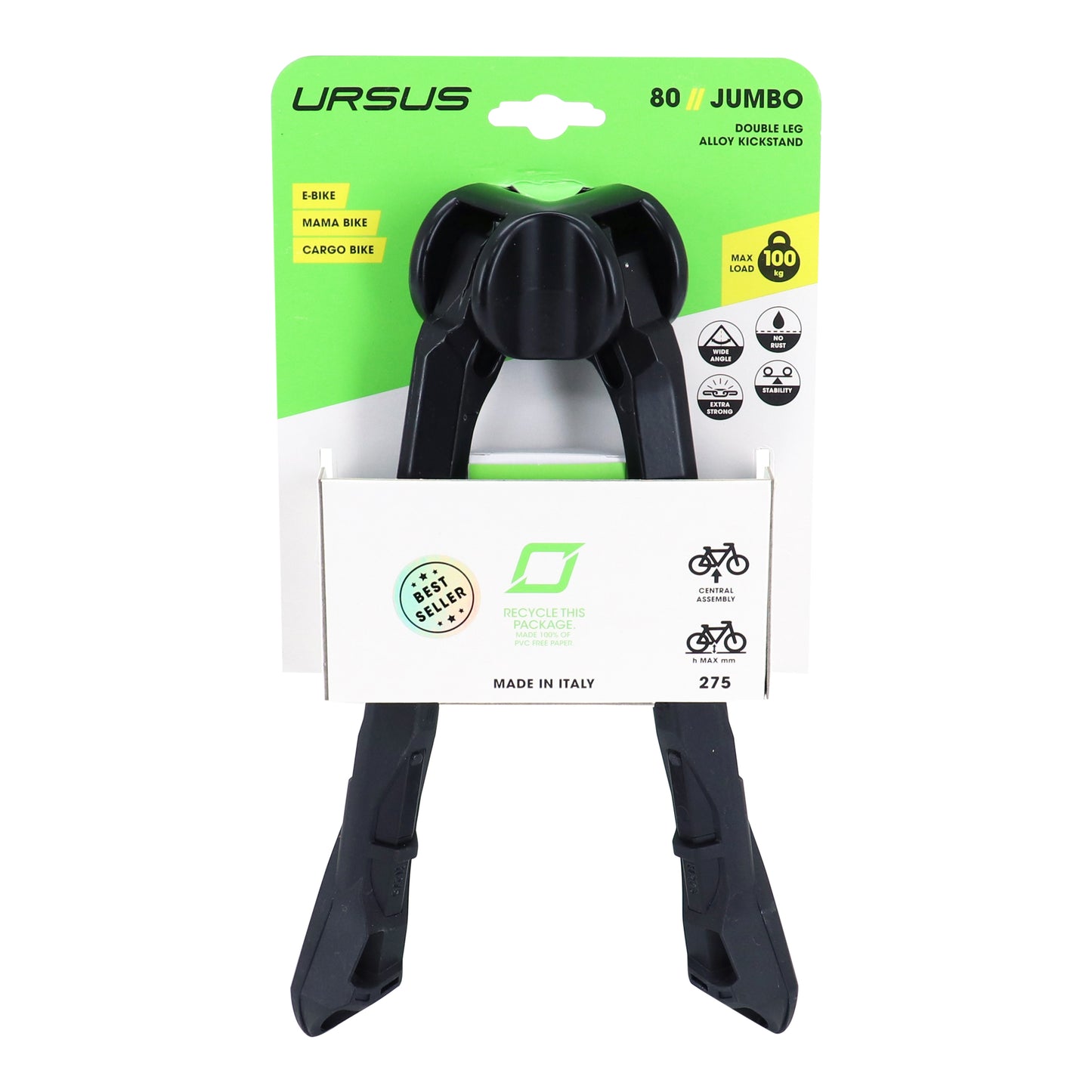 Béquille vélo double centrale Ursus jumbo 26" pliable alu noir 275mm - supporte poids 100kgs