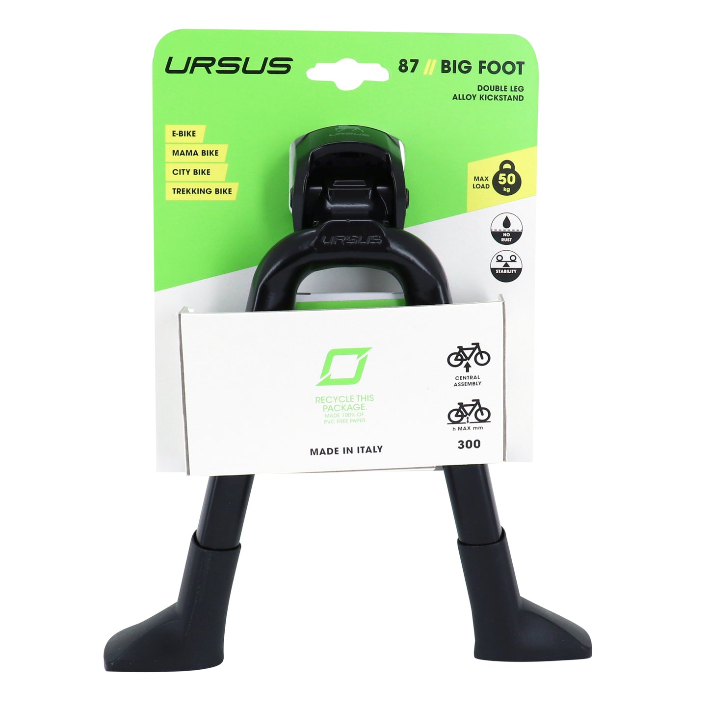 Béquille vélo double centrale Ursus big foot 28"-700 pliable alu noir 300mm - supporte poids 50kgs