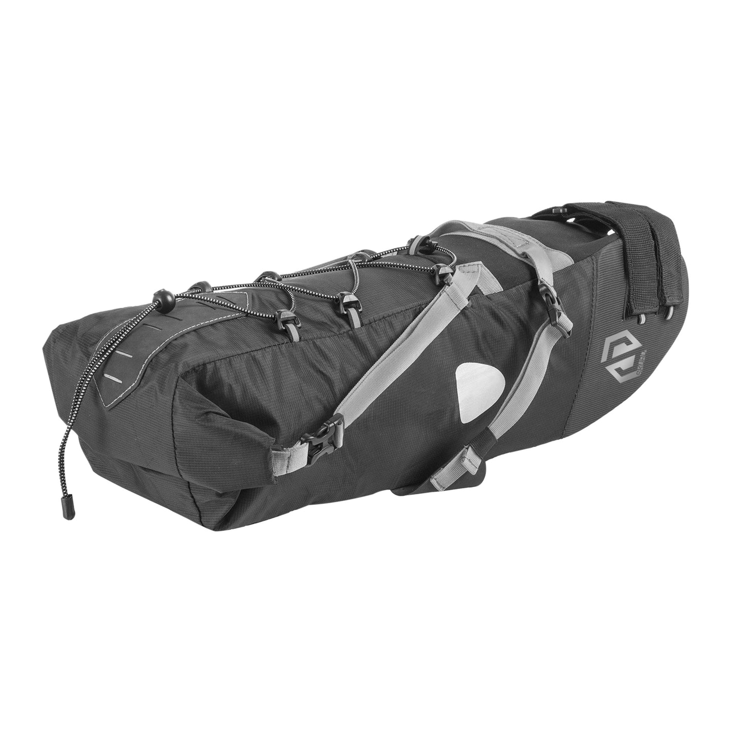 Skuad black medium 5.5L saddle bag/seat pack. Waterproof, Velcro attachment, L 46cm x W 9cm x H 11cm, max load 5kg