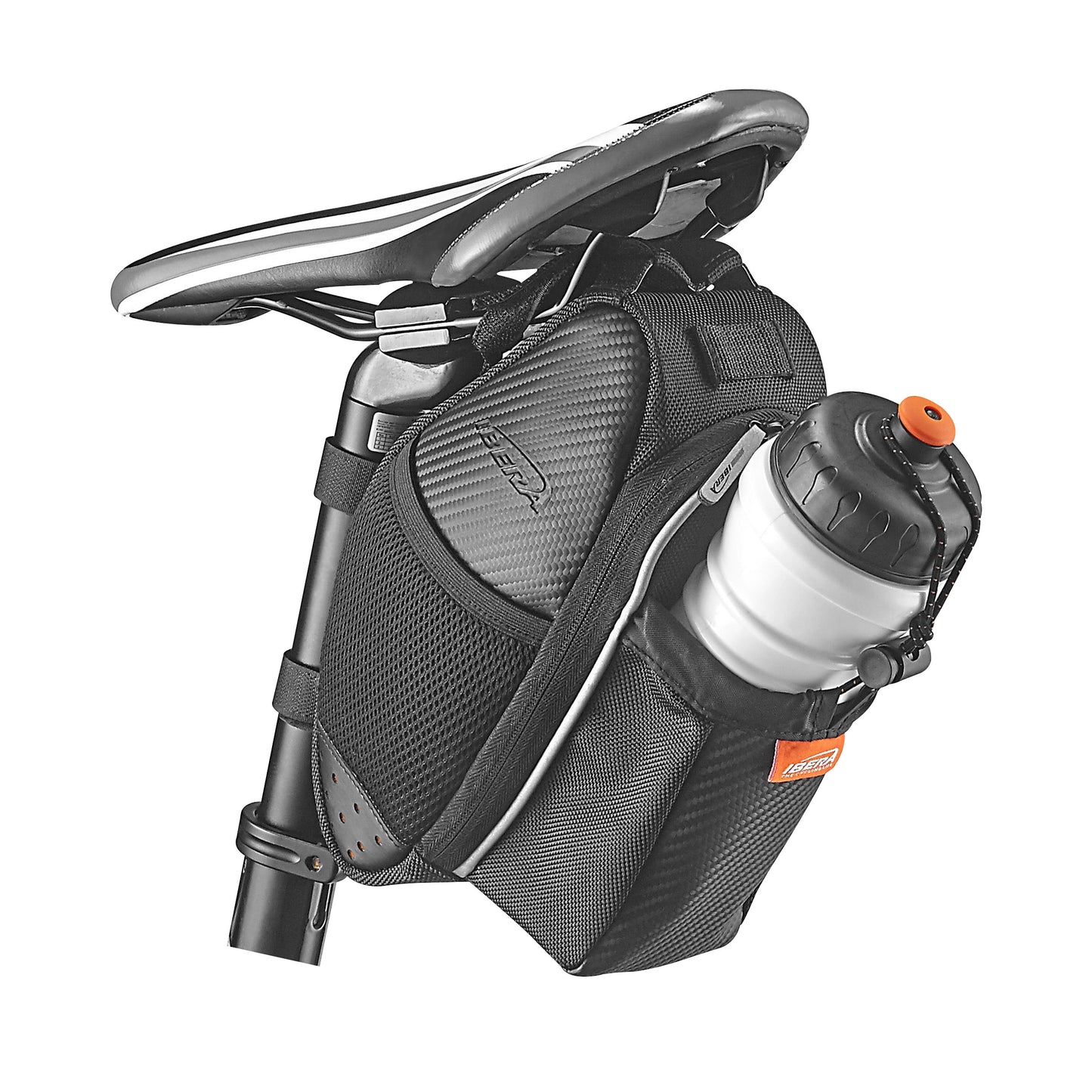 Sacoche de selle vélo Ibera seatpak 1.7l noir avec emplacement bidon fixation sangles sur chariot et tige de selle