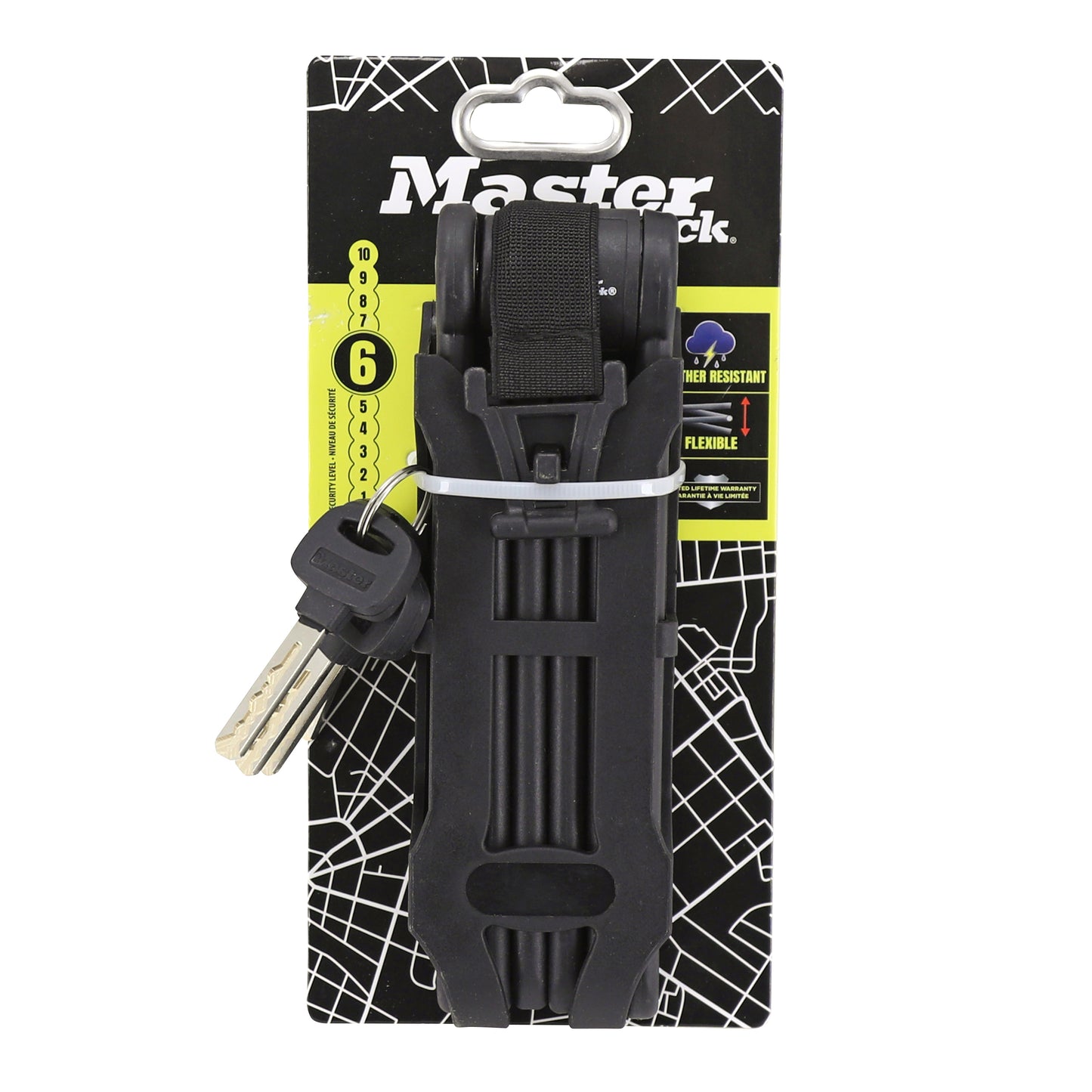 Masterlock Folding Bike Lock with Key, 3.5mm diameter, 840mm length, black, includes mounting bracket, 4 keys