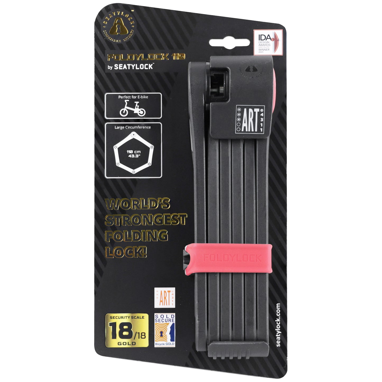 Seatylock Elite 110cm Black-Red Foldable Key Bicycle Lock - FUB 2-Star Approved - ART3