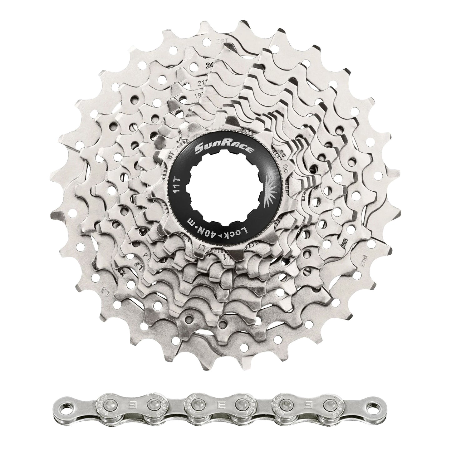 Cassette and chain pack 10s. Sunrace RS1 11-28 road for Shimano (105 level) metallic silver and CN10A 116-link chain (11-12-13-14-15-17-19-21-24-28)