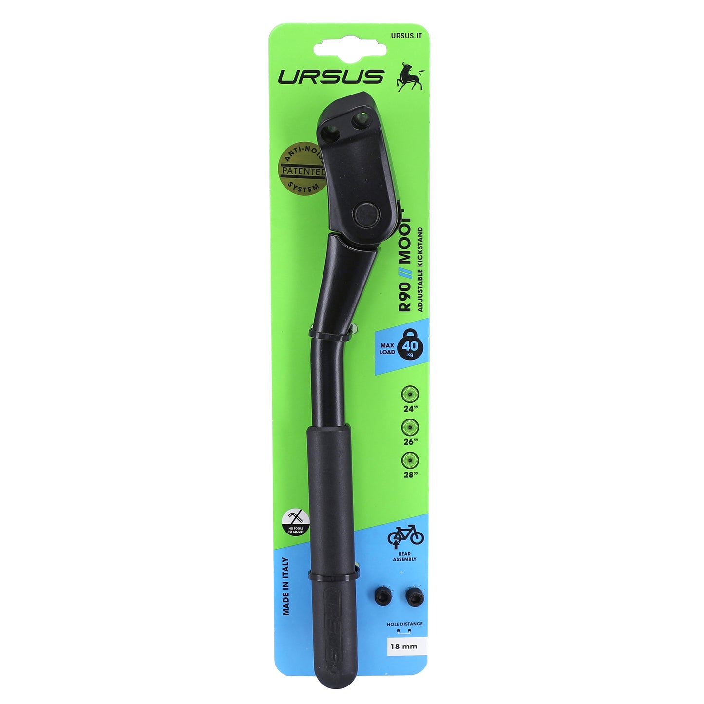 Ursus Mooi+ 24-28" Black Adjustable Rear Side Kickstand - 2-bolt chainstay mount, 18mm bolt spacing - 40kg capacity
