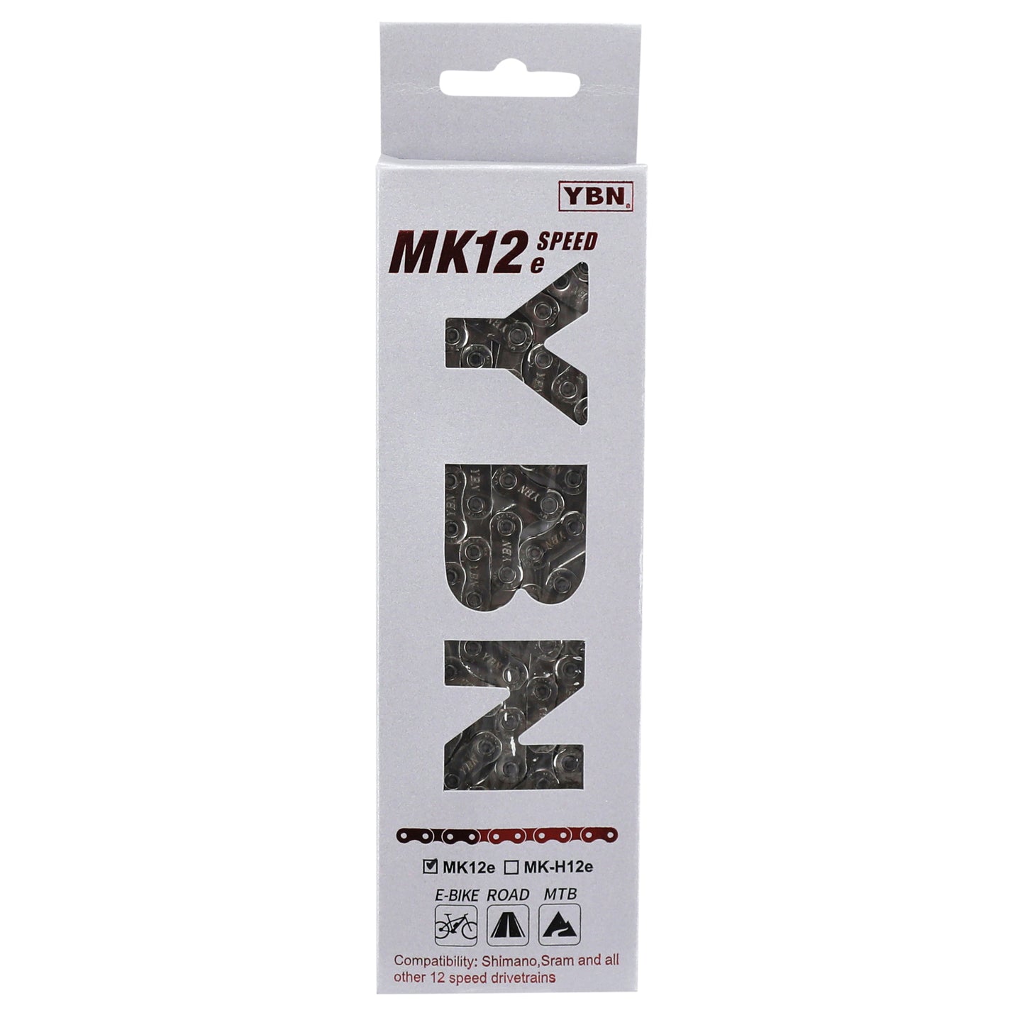 Chaîne vélo 12v. VTT-VAE ybn flattop argent renforcé 136 maillons compatible Shimano et Sram