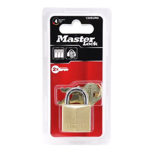 Masterlock brass padlock, hardened steel shackle, 30mm width, 16mm shackle clearance, 5mm diameter, double locking, sold individually