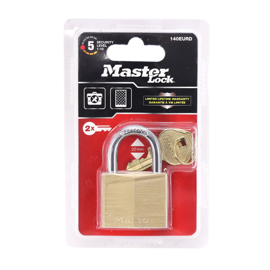 Masterlock brass padlock, case-hardened steel shackle, 40mm wide, 22mm shackle, 6mm diameter, double locking, sold individually