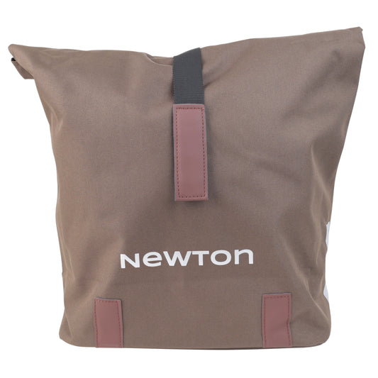 Newton brown 22L double bicycle pannier with strap fastening to luggage rack 35x12x27cm, anti-rain folding closure
