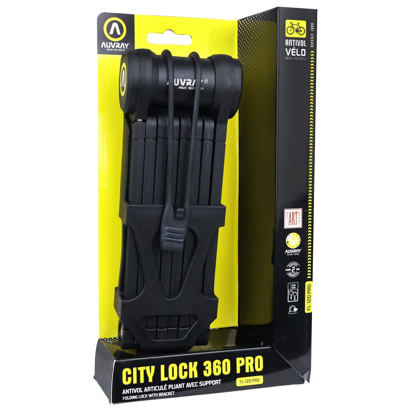 Auvray City Lock 360 Pro Folding Bicycle Lock, 120 cm, Black, with Holder, Security Level 8-10, ART2 Approved