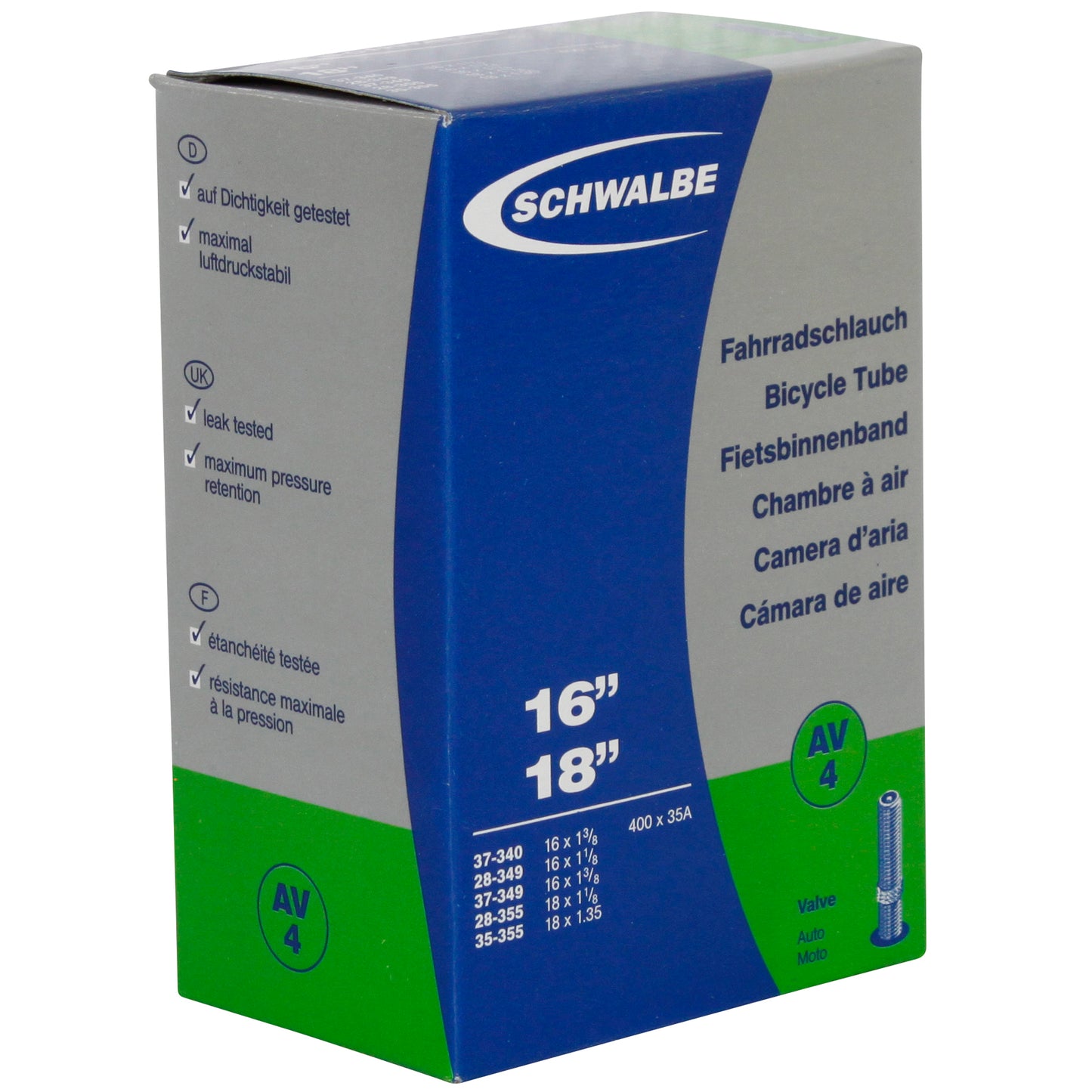 Chambre à air vélo 16 x 1 3-8 à 18x1.35 - 400a Schwalbe valve standard (37-340 à 35-355) (av4)