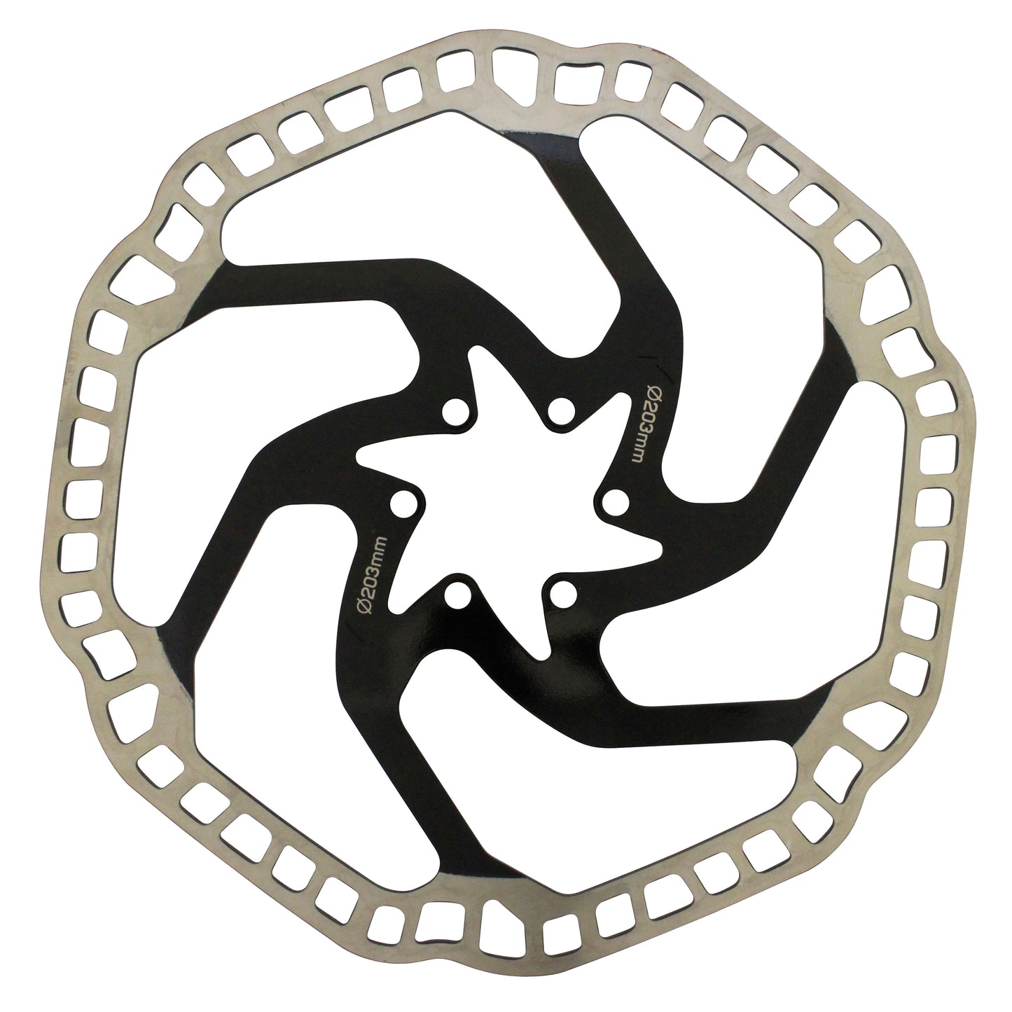 Disque de frein VTT 6 trous Newton Brakco compatible Shimano et autres 203mm argent centre noir + 6 vis compatible sur-ron