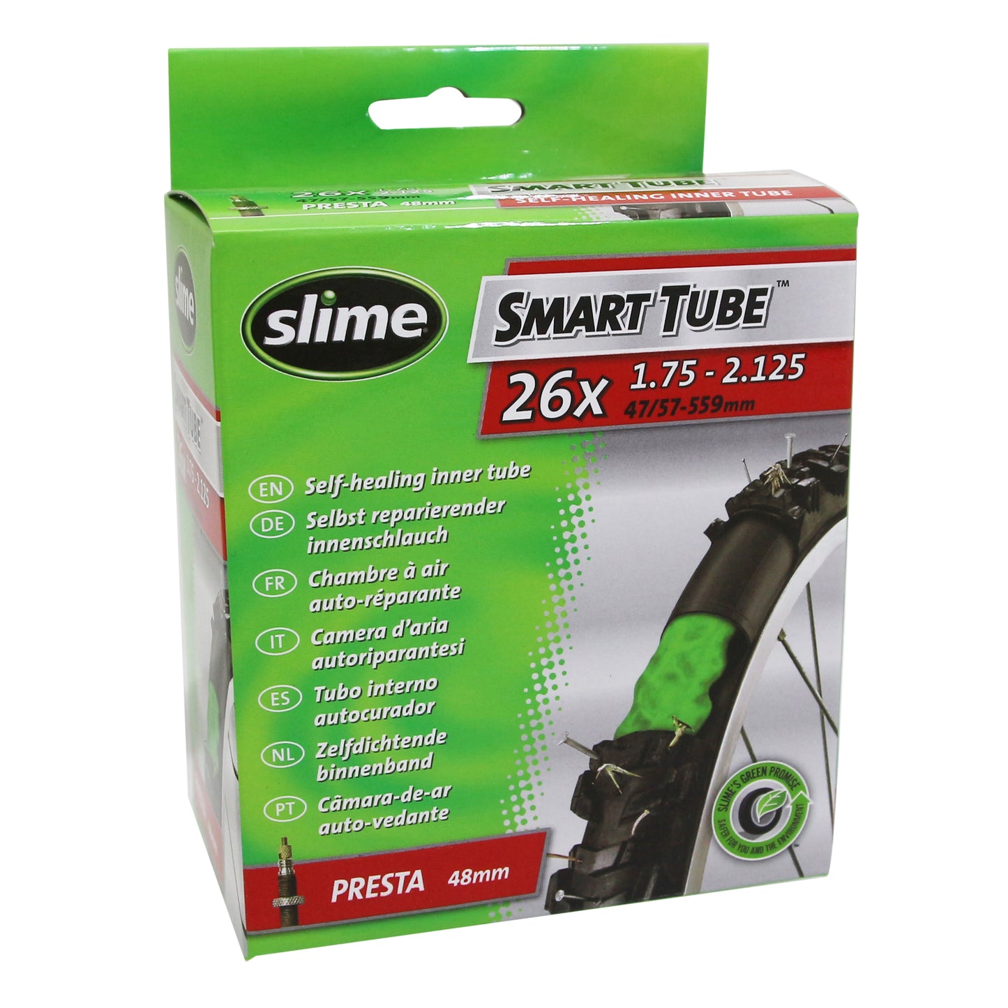 Bike inner tube 26 x 1.75-2.10 Slime presta valve removable core with anti-puncture sealant