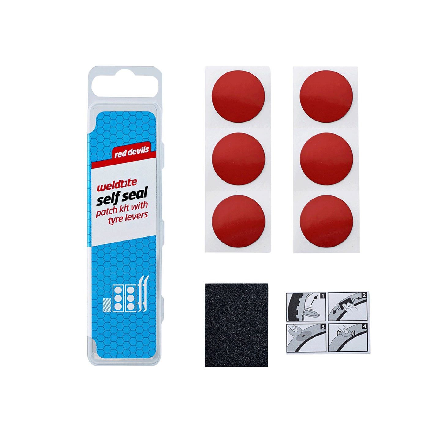 Kit réparation chambre à air Weldtite Red Devils autocollantes