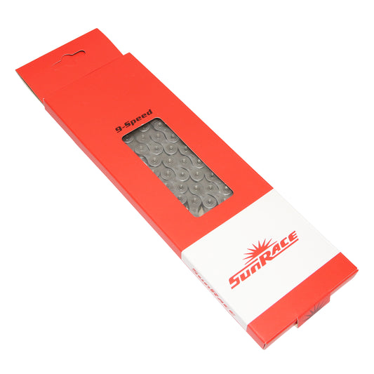 Chaîne vélo 9v. Route-VTT Sunrace grise 116 maillons compatible Shimano et Sram