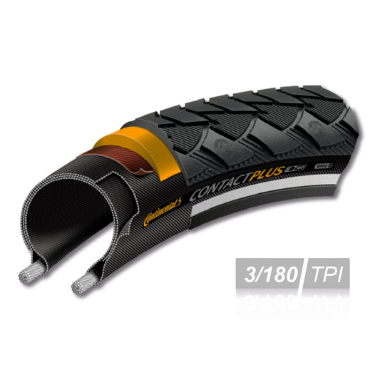 Urban Mountain Bike Tire - e-bike 26 X 1.75 Continental Contact Plus Black TR (47-559) 5mm Reinforcement e50 Approved Reflective Sidewall