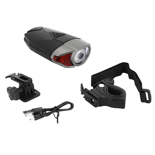 Eclairage vélo usb avant sur cintre 300 lumens noir-gris 3 fonctions 100% - 50% fixation cintre ou casque PCP