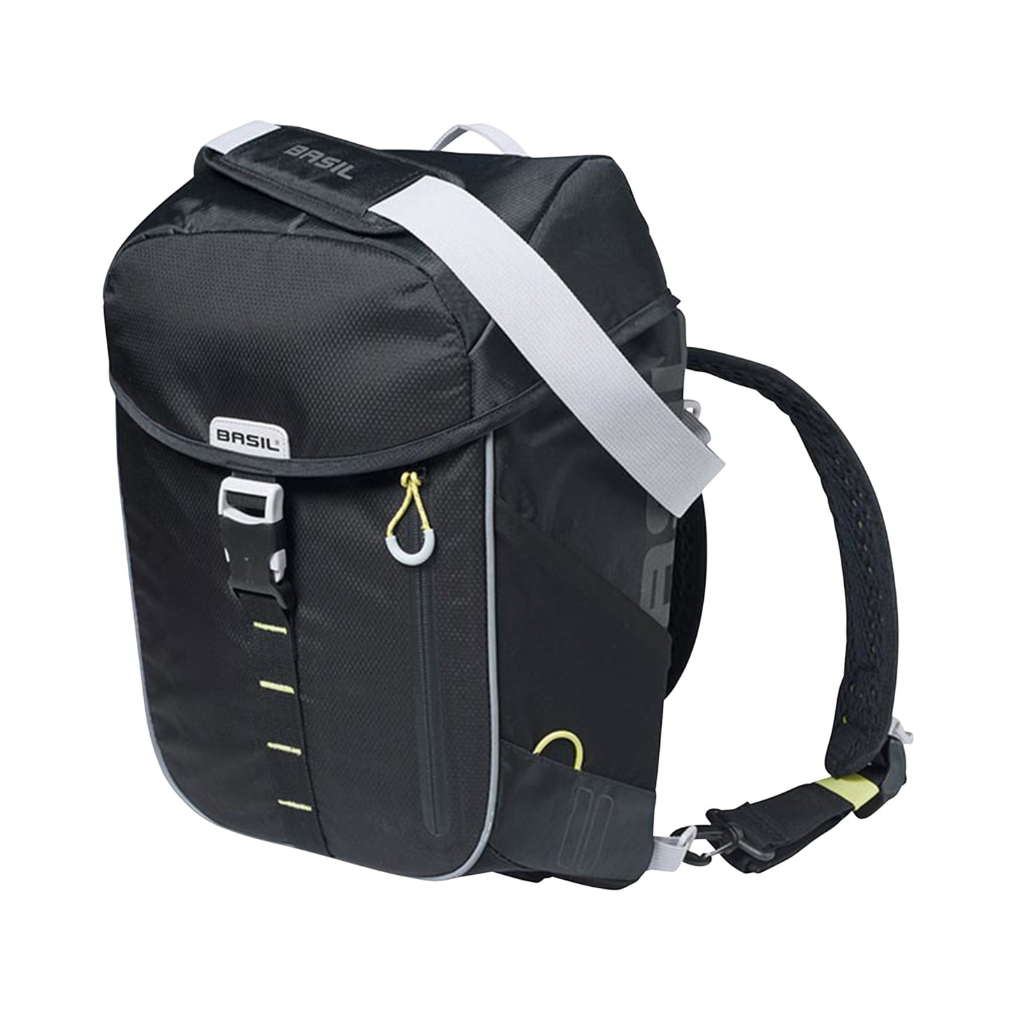 Sacoche arrière sac à dos vélo latérale Basil miles daypack droit-gauche système fixation hook-on waterproof 17l noir liseret jaune fluo 31x17x44cm