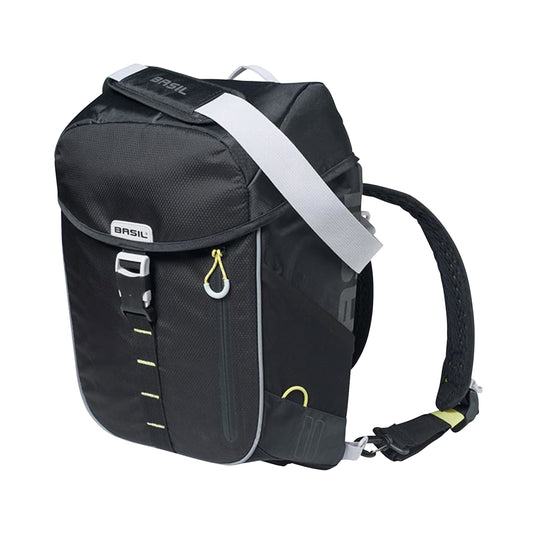 Sacoche arrière sac à dos vélo latérale Basil miles daypack droit-gauche système fixation hook-on waterproof 17l noir liseret jaune fluo 31x17x44cm