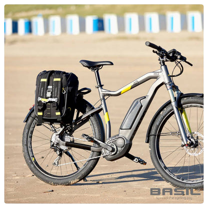 Sacoche arrière sac à dos vélo latérale Basil miles daypack droit-gauche système fixation hook-on waterproof 17l noir liseret jaune fluo 31x17x44cm