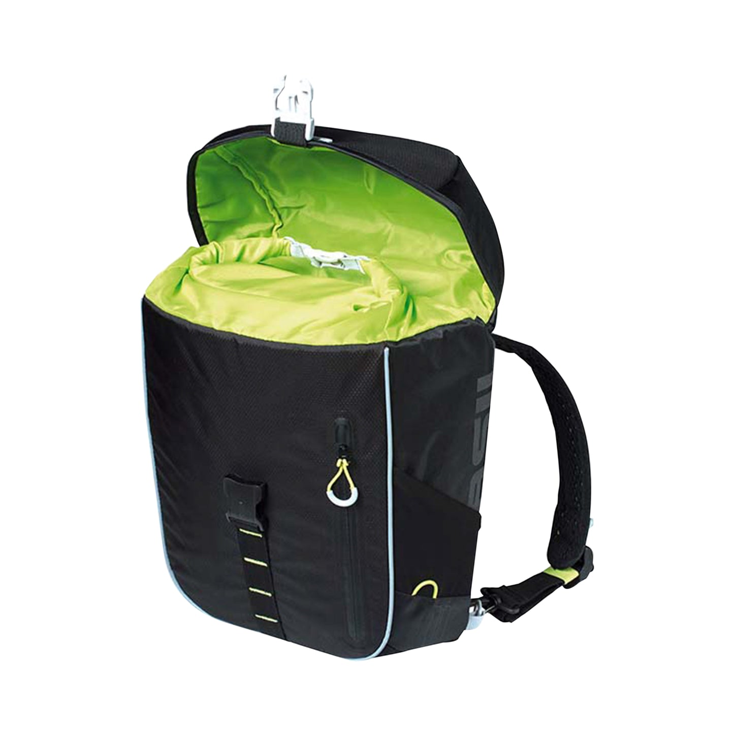 Sacoche arrière sac à dos vélo latérale Basil miles daypack droit-gauche système fixation hook-on waterproof 17l noir liseret jaune fluo 31x17x44cm