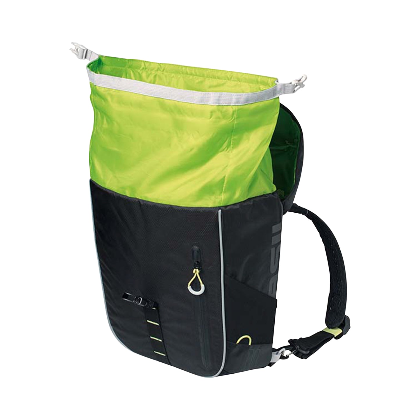 Sacoche arrière sac à dos vélo latérale Basil miles daypack droit-gauche système fixation hook-on waterproof 17l noir liseret jaune fluo 31x17x44cm