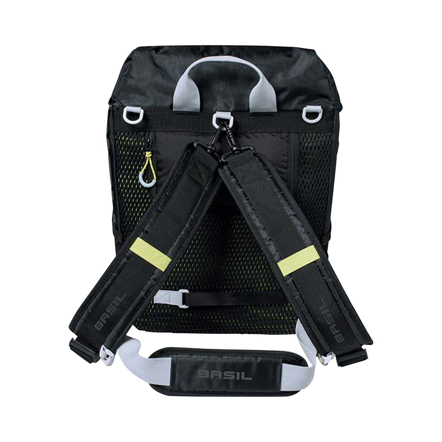 Sacoche arrière sac à dos vélo latérale Basil miles daypack droit-gauche système fixation hook-on waterproof 17l noir liseret jaune fluo 31x17x44cm