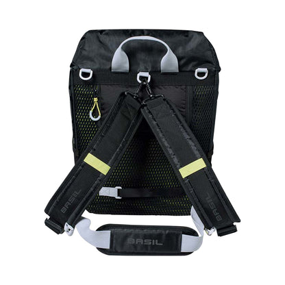 Sacoche arrière sac à dos vélo latérale Basil miles daypack droit-gauche système fixation hook-on waterproof 17l noir liseret jaune fluo 31x17x44cm