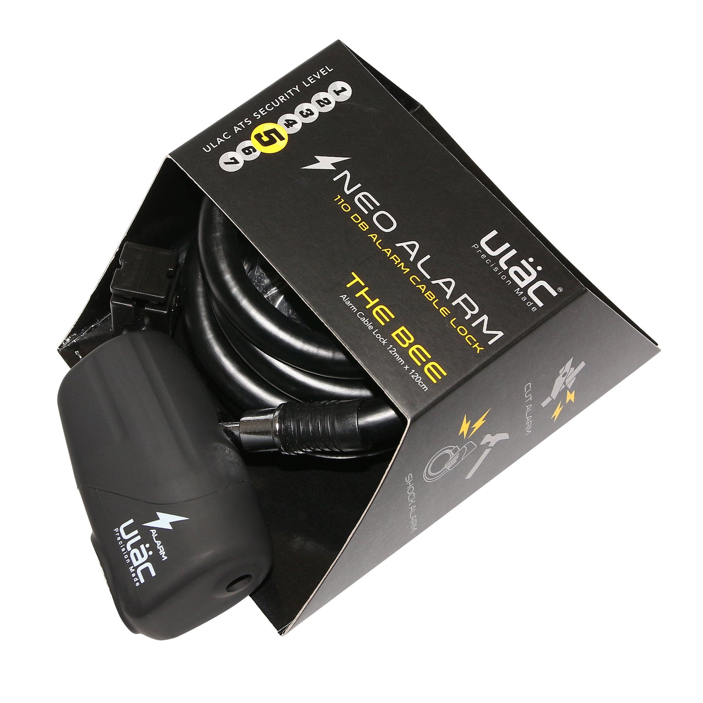 Keyed spiral bike lock, 12 mm diameter, 1.20 m long, black, with bracket and alarm