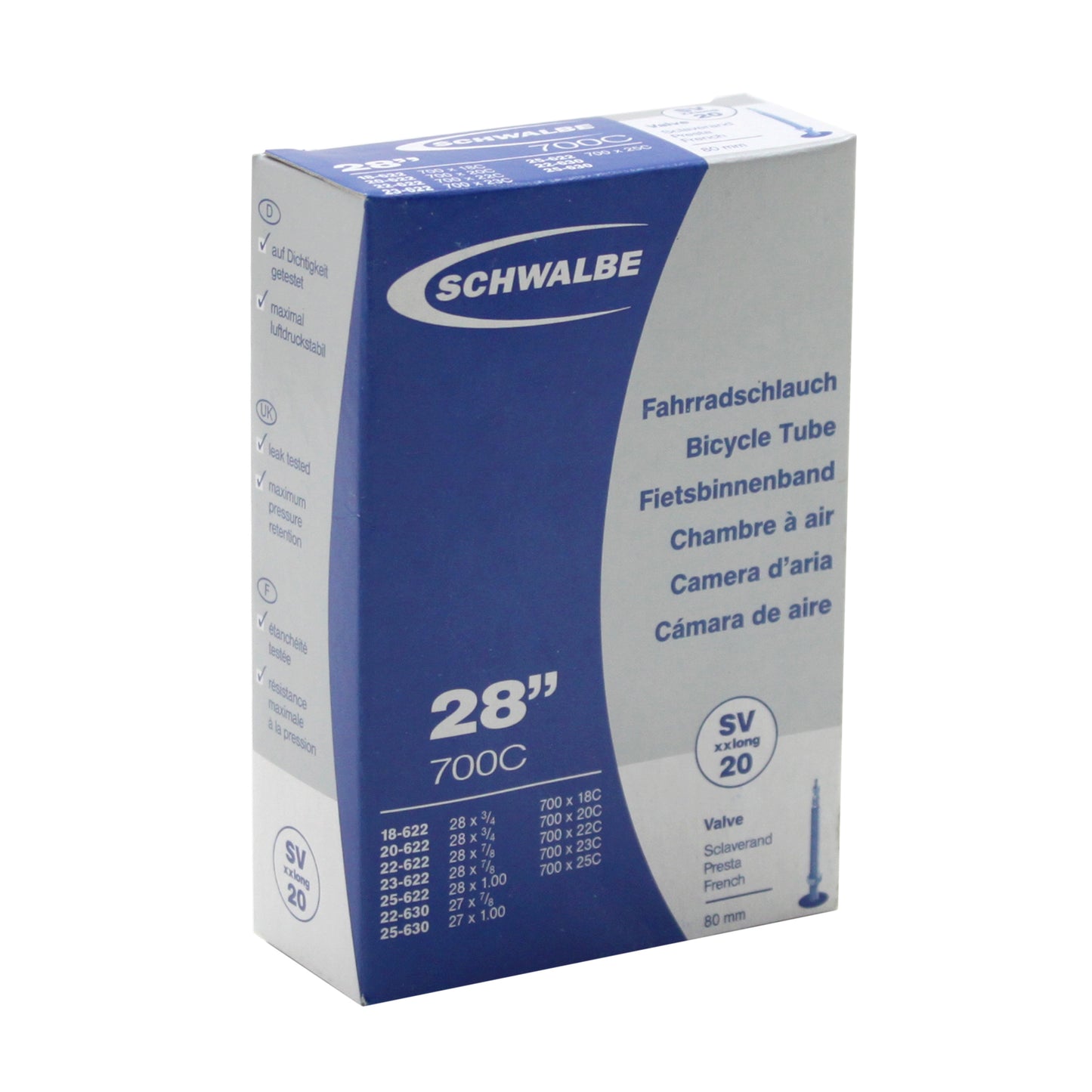 Chambre à air vélo 700 x 18-25 Schwalbe valve presta obus démontable tout alu 80mm (sv20)