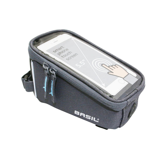 Sacoche de cadre-potence vélo Basil pour portable / I-phone fixation à velcro gris fonce 1l sangles tube oversize 19x11x11cm
