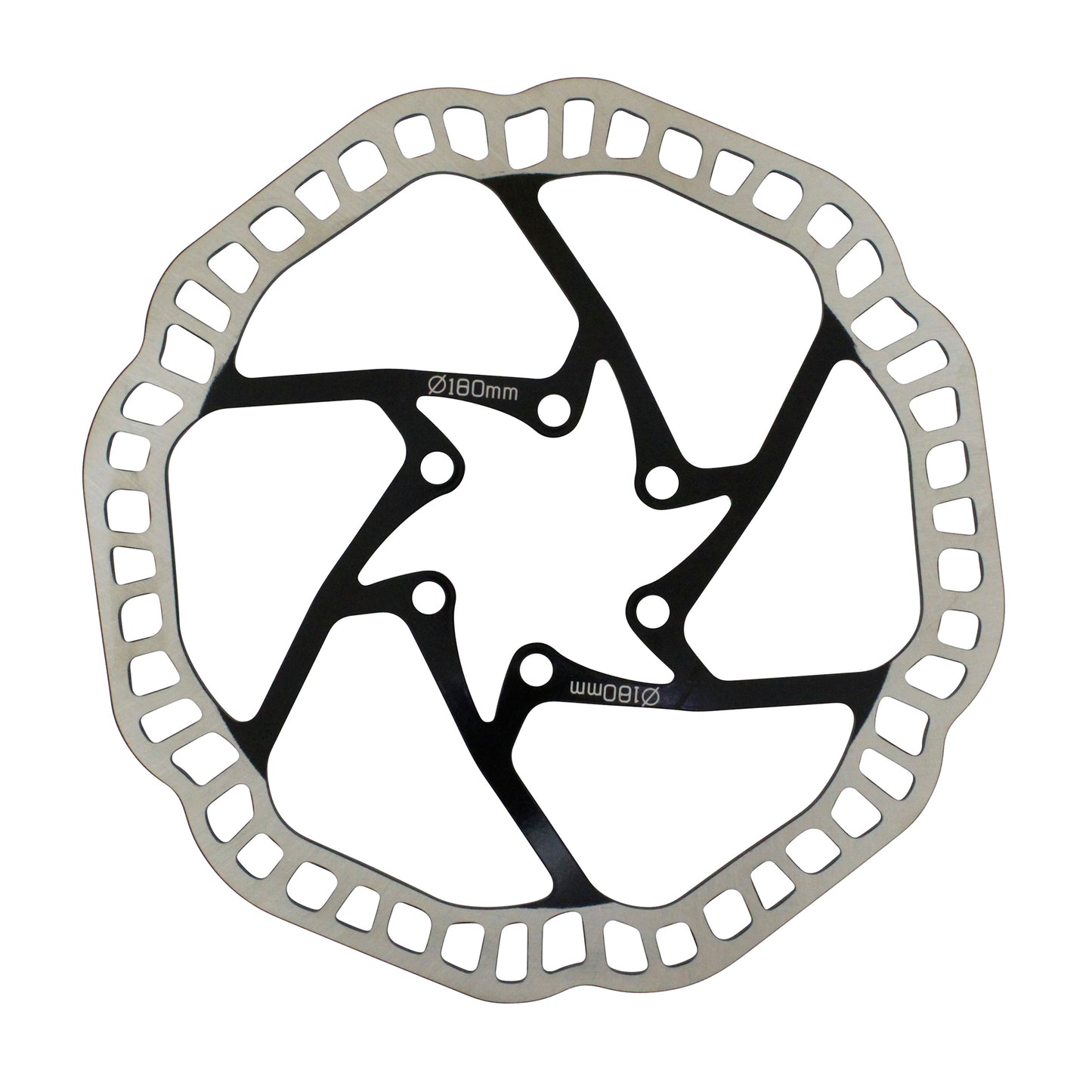 Brakco Newton 6-bolt MTB Disc Brake Rotor, Shimano compatible and others, 180mm, silver with black center + 6 screws