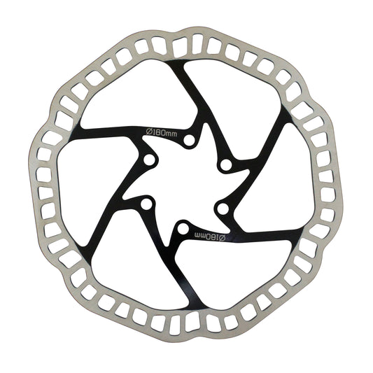 Disque de frein VTT 6 trous Newton Brakco compatible Shimano et autres 180mm argent centre noir + 6 vis