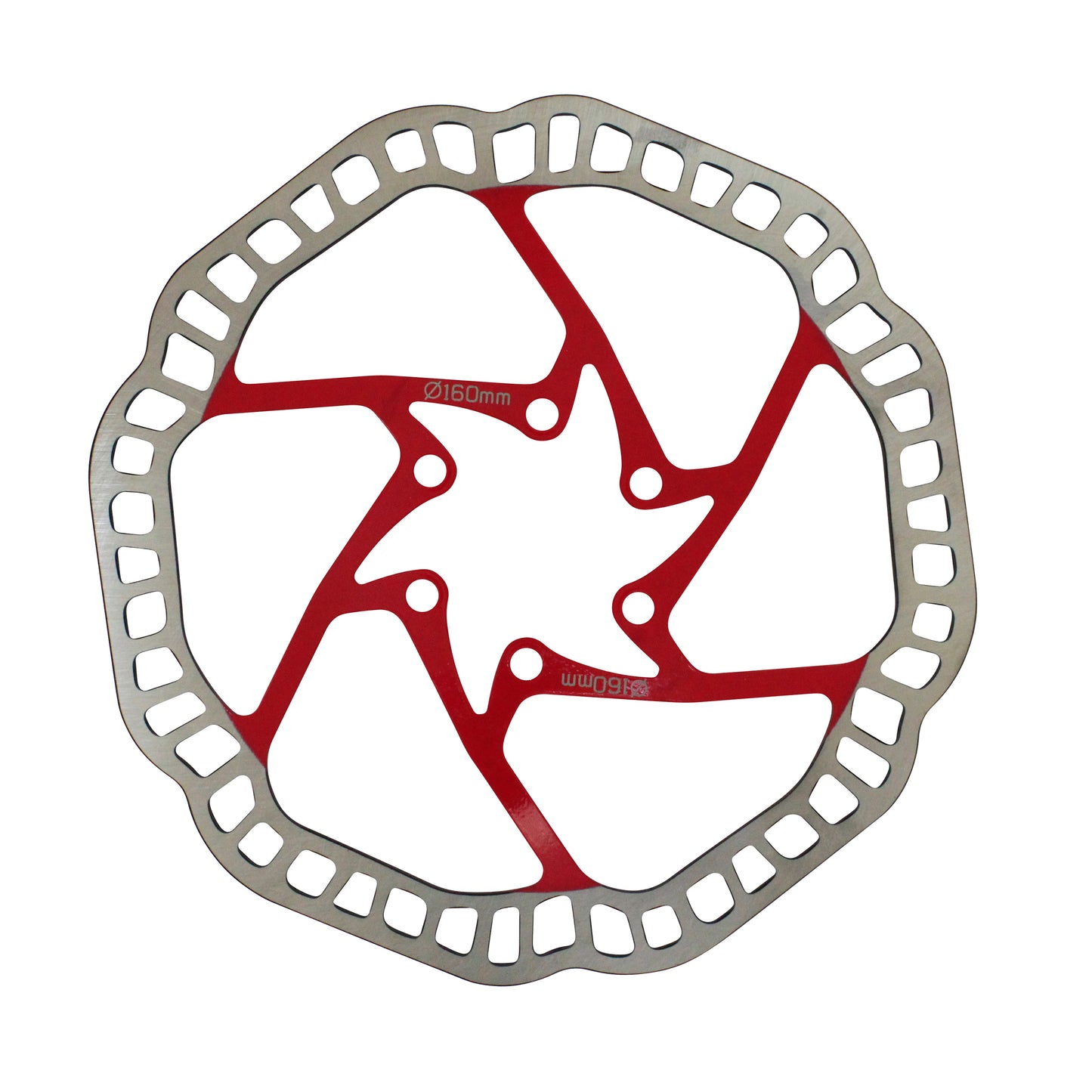 Newton Brakco 6-bolt MTB brake rotor compatible with Shimano and others 160mm silver red center + 6 screws