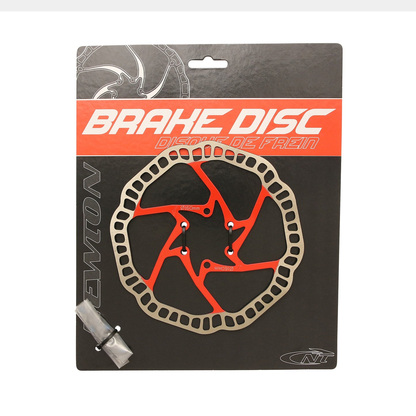 Newton Brakco 6-bolt MTB brake rotor compatible with Shimano and others 160mm silver red center + 6 screws