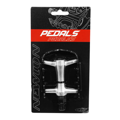 Premium Newton mountain bike pedal, silver aluminum, black cage, 9/16"