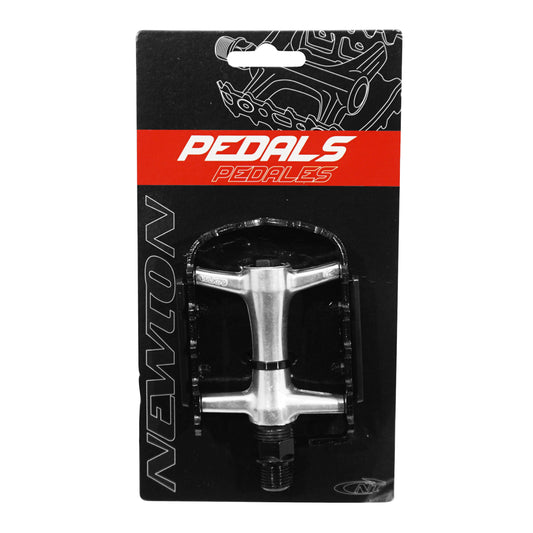 Premium Newton mountain bike pedal, silver aluminum, black cage, 9/16"