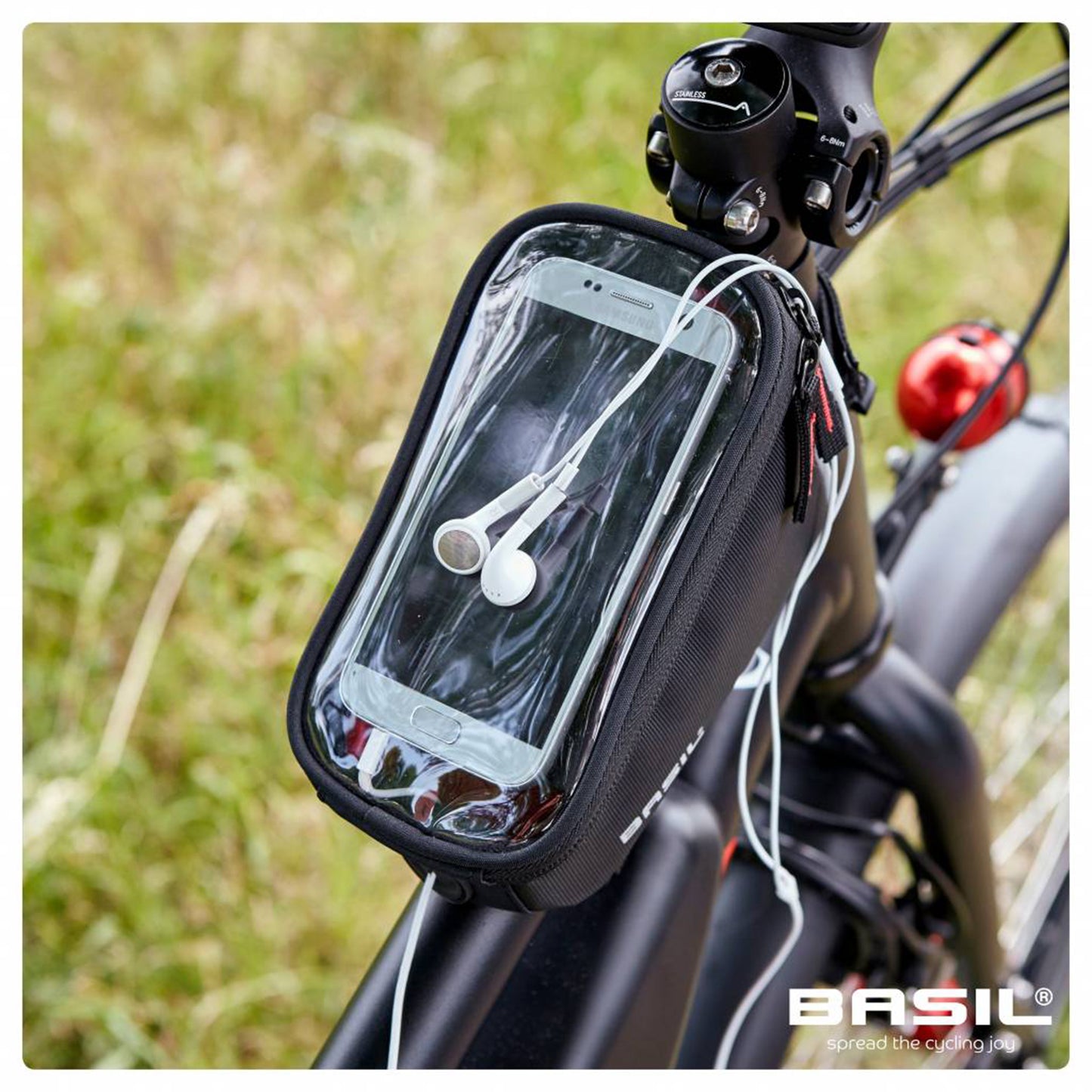 Sacoche de cadre-potence vélo Basil pour portable / I-phone fixation à velcro noir 1l sangles tube oversize 19x11x11cm