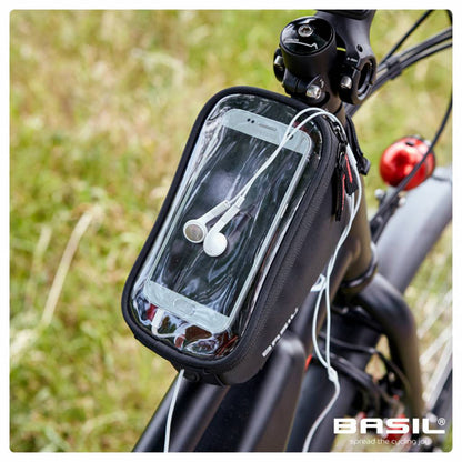Sacoche de cadre-potence vélo Basil pour portable / I-phone fixation à velcro noir 1l sangles tube oversize 19x11x11cm